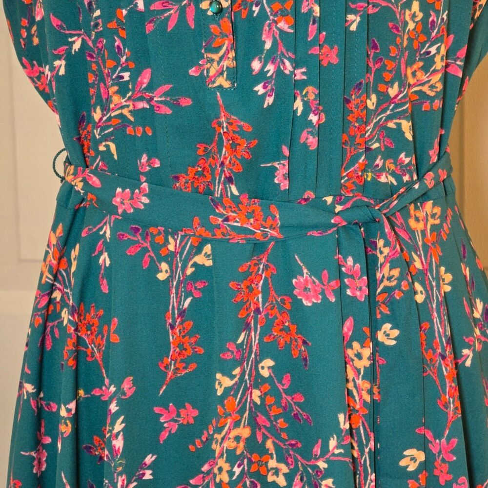 Nanette Lepore Teal Floral Sleeveless Pintuck Button Up A Line Dress Size 6 - Picture 13 of 13